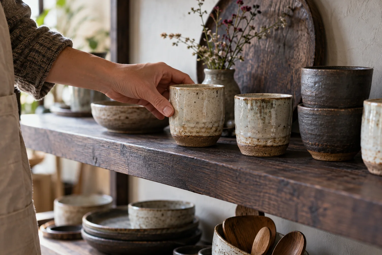 A maker arranging everyday ceramic objects on a wooden shelf