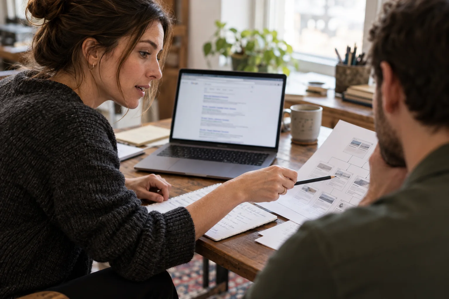 An analyst and colleague reviewing search research and a printed website structure